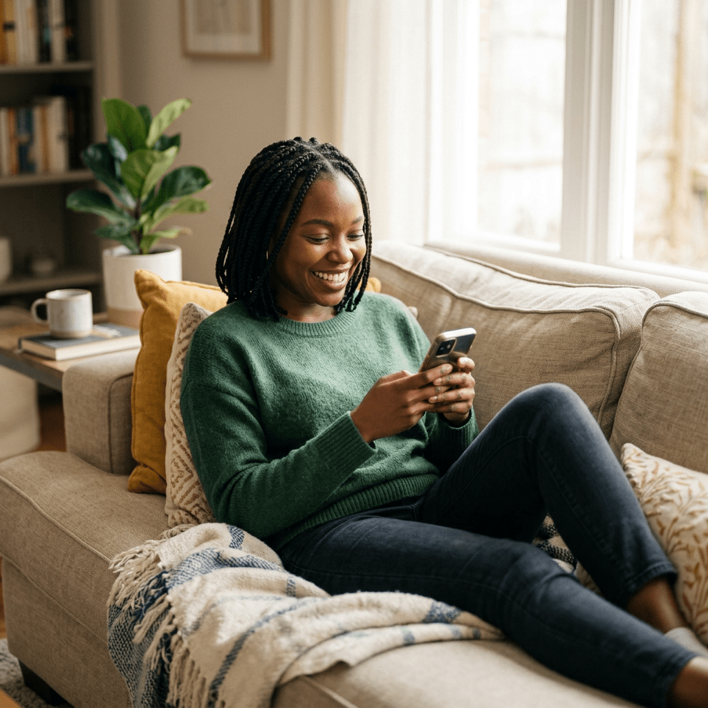 Woman in green sweater sitting on beige couch looking at smartphone and smiling