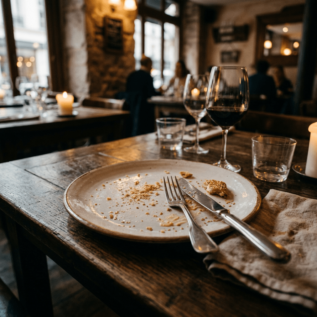 Empty plate with crumbs, fork and knife, glass of red wine, and candle on wooden table in restaurant